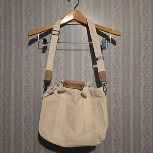 Canvas Tote Medium Crossbody Bag Unisex Cream Minimalist Multi-Pocket